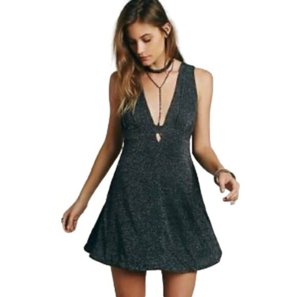 Free People Glittery Deep-V Mini Dress With Strappy Back Design Black & Silver S - Picture 8 of 9